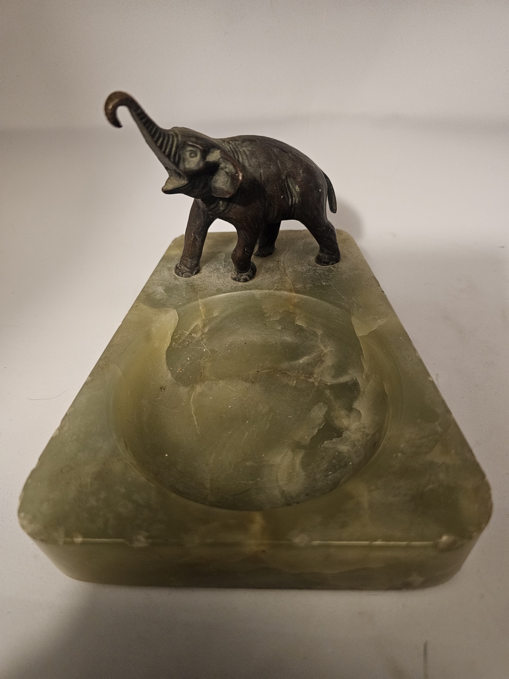 Antique Art Deco Green Marble/Onyx Ashtray With Brass Elephant Figurine